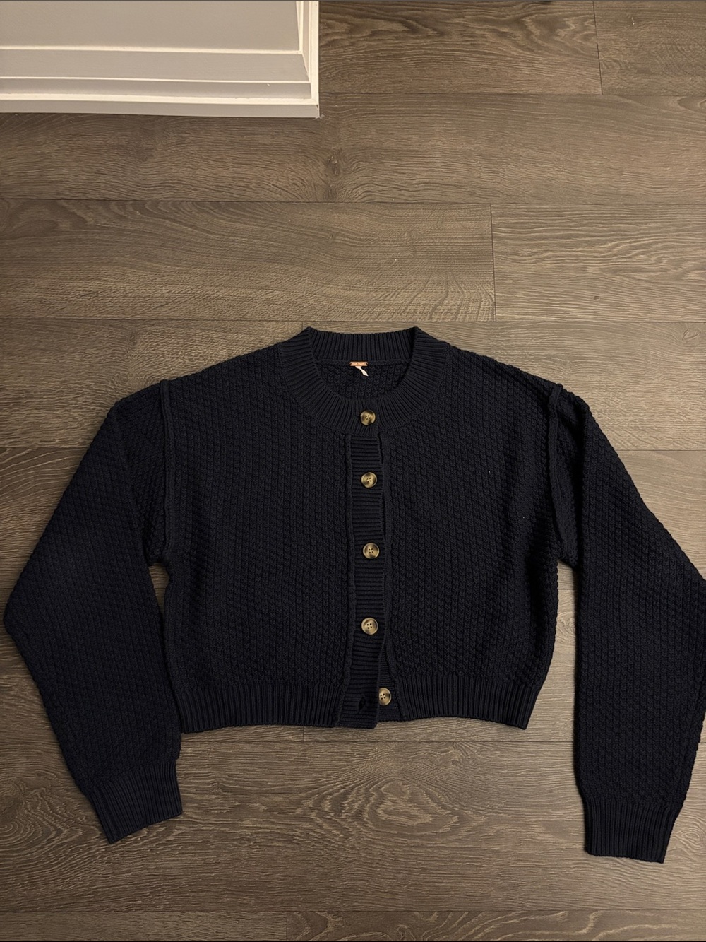 Free People Navy Cropped Button-Up Knit Cardigan